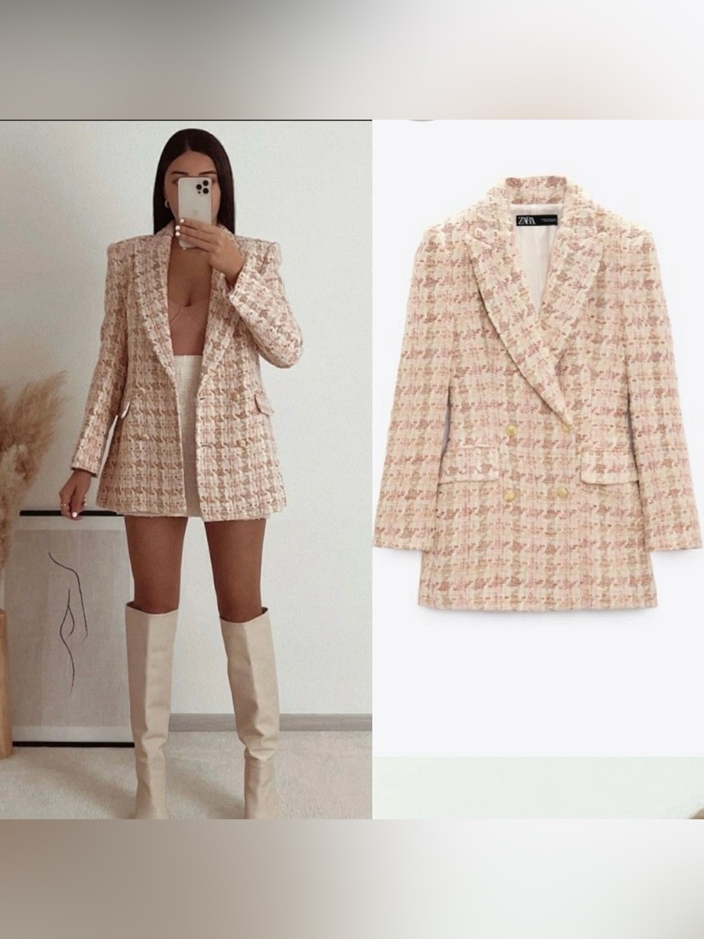 NEW Zara PINK Cream Textured Tweed Double Breasted Jacket Blazer Size Small